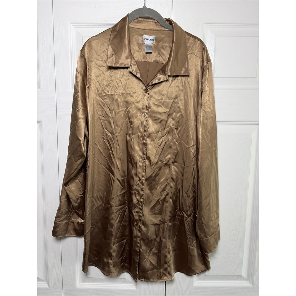 Chico's Satin Button‎ Down Blouse Womens Size 3 Large Bronze Gold Stretch Tunic